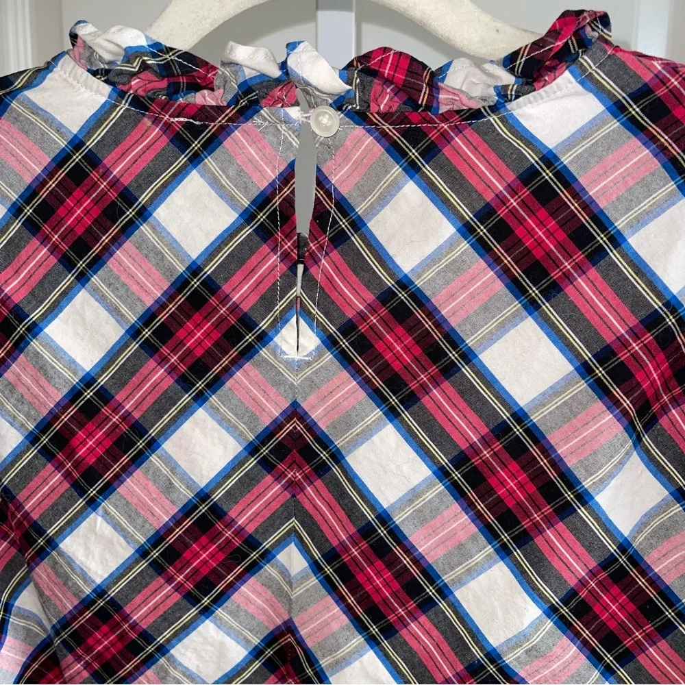 J.Crew Plaid Ruffle Neck Blouse Size L Red Blue White Cotton Long Sleeve Top